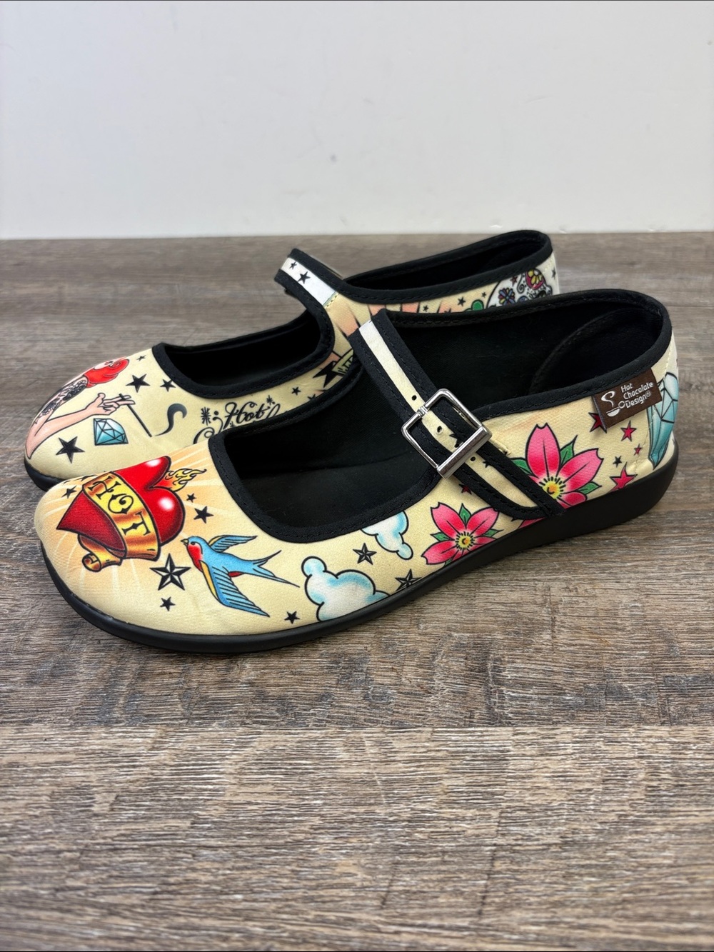 Hot Chocolate Design Tattoo Mary Jane Flats Rockabilly Pin Up Shoes EU 37 (US 7)